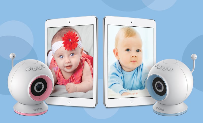 D-Link Wi-Fi Baby Camera and tablet with pictures of two babies.