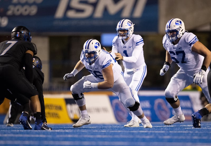 BYU offensive lineman Clark Barrington (56) prepares to block during game against Boise State in Boise, Idaho, in 2020.