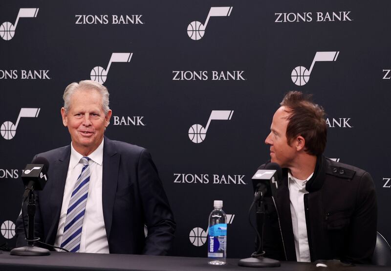 Utah Jazz owner Ryan Smith looks at Danny Ainge at Vivint Arena in Salt Lake City on Wednesday, Dec. 15, 2021.
