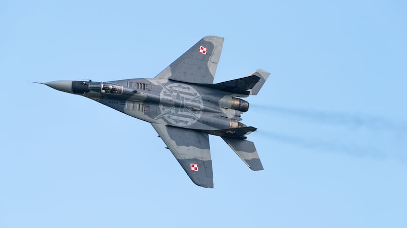 A Polish Air Force Mikoyan-Gurevich MiG-29A Fulcrum military jet at the ILA Berlin Air Show in 2016.