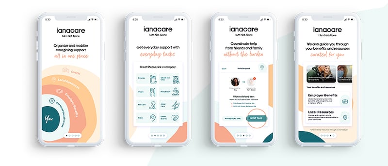 The ianacare app on four different phone screens.
