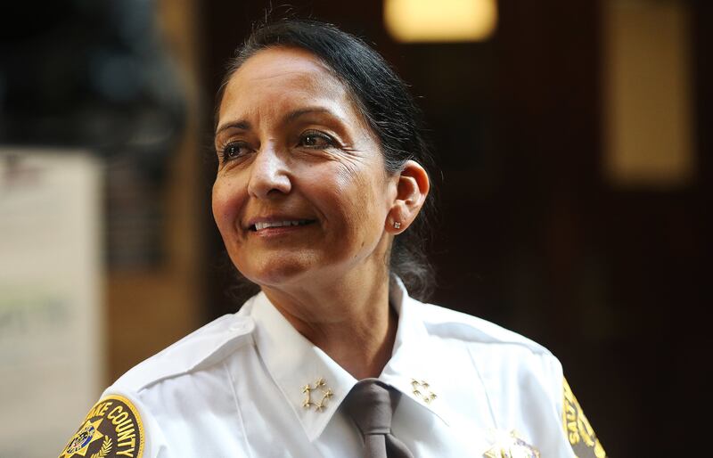 Salt Lake County Sheriff Rosie Rivera smiles after being sworn into office in 2017. Rivera, who is vying for her first full term as sheriff, has held few campaign events this fall.