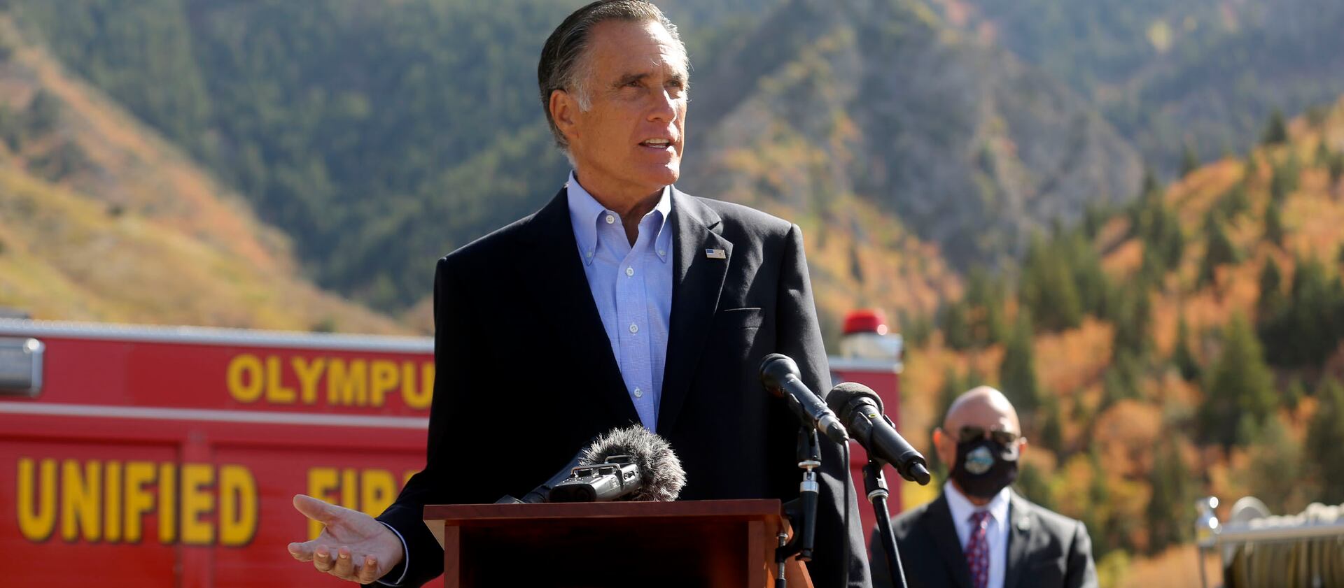Sen. Mitt Romney, R-Utah, talks about wildfire policies at the Neff’s Canyon trailhead in Millcreek on Oct. 15, 2020.