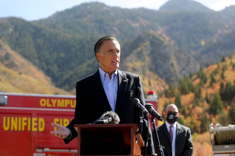 Sen. Mitt Romney, R-Utah, talks about wildfire policies at the Neff’s Canyon trailhead in Millcreek on Oct. 15, 2020.