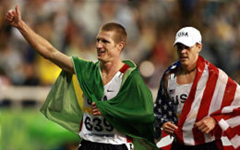 U.S. runners Josh McAdams, left, and Michael Spence celebrate their gold and silver medals in the 3,000-meter steeplechase at the Pan American Games.