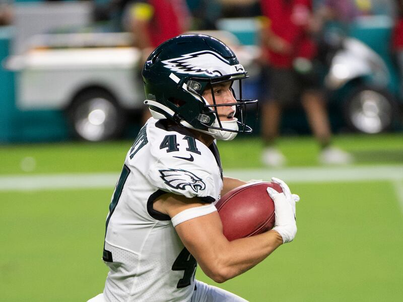 Philadelphia Eagles wide receiver Britain Covey (41) runs with the ball during an NFL football game against the Miami Dolphins, Saturday, Aug. 27, 2022, in Miami Gardens, Fla.