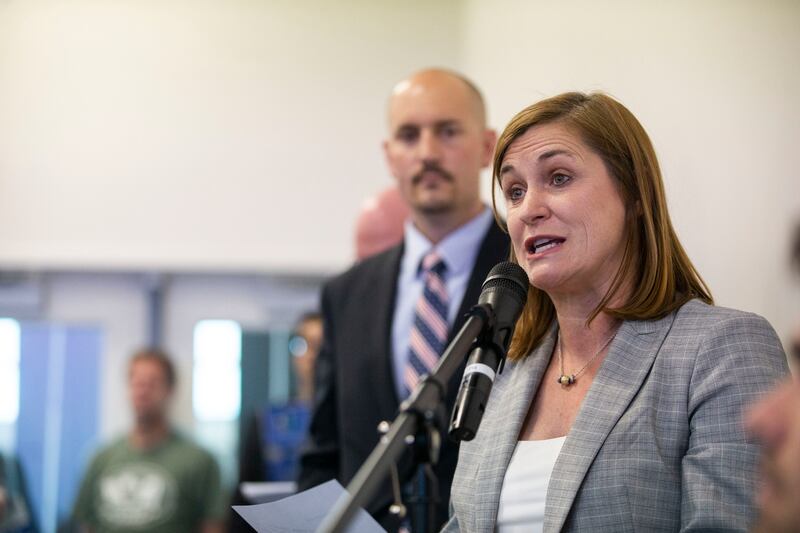 FILE - Salt Lake County mayor Jenny Wilson gives a public statement during one of eight town hall meetings conducted by the Tax Restructuring and Equalization Task Force at the Element Event Center in Kearns on Thursday, June 27, 2019.