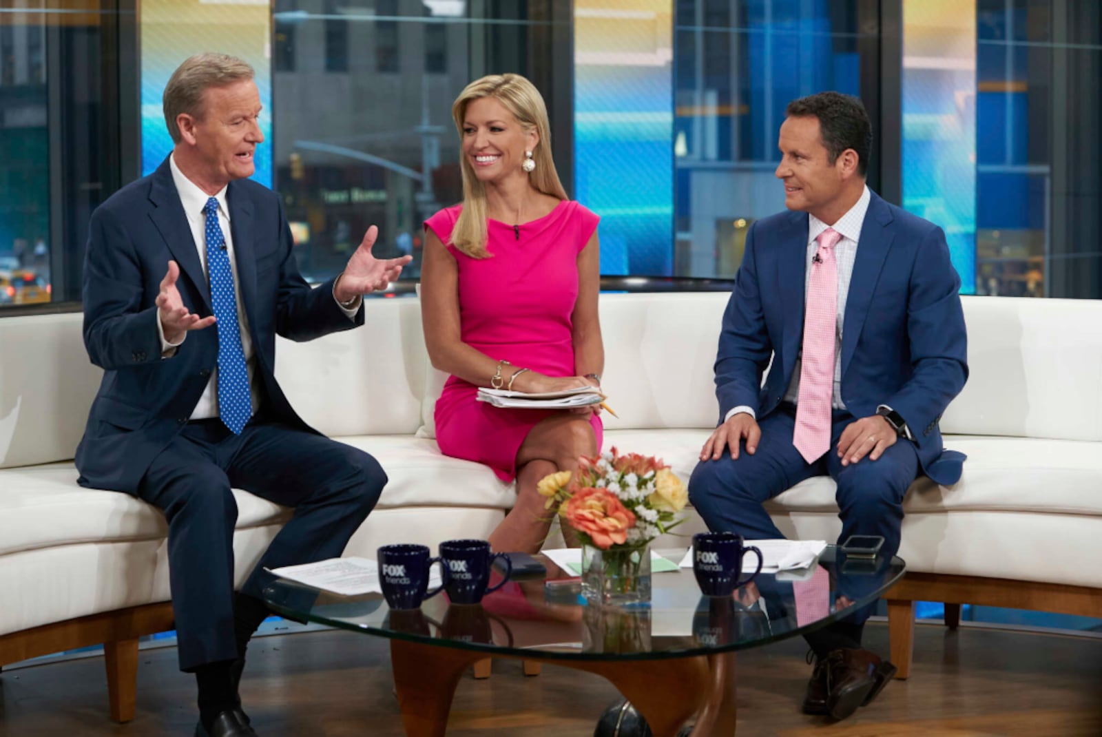Steve Doocy, left, co-host of “Fox & Friends,” left, is pictured on the Fox News Channel in 2021.