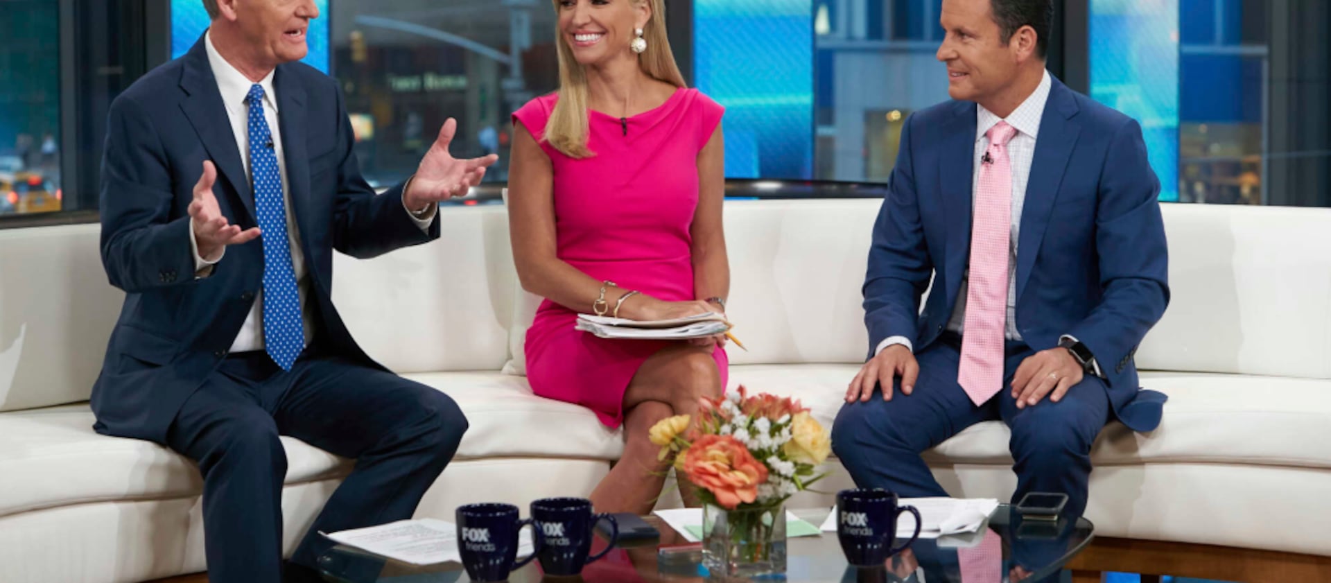 Steve Doocy, left, co-host of “Fox & Friends,” left, is pictured on the Fox News Channel in 2021.