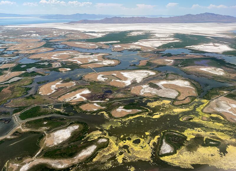 Wetlands are pictured to the south and east of Antelope Island in the Great Salt Lake on July 2, 2023.
