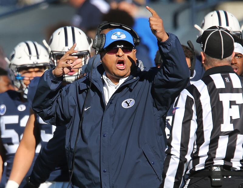 BYU head coach Kalani Sitake protests a call in Provo on Saturday, Nov. 18, 2017.