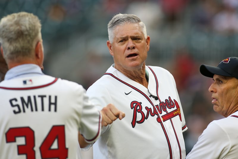 Former Atlanta Braves outfielder Dale Murphy on the field before a baseball game against the Arizona Diamondbacks, Friday, July 29, 2022, in Atlanta.