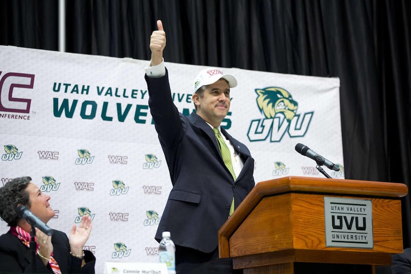 UVU President Matthew S. Holland announces Utah Valley University as the newest member of the Western Athletic Conference at the UCCU Center on the campus of Utah Valley University in Orem, Utah Tuesday Oct. 9, 2012.