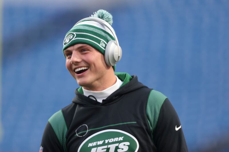 New York Jets quarterback Zach Wilson warms up before game against Buffalo, Sunday, Jan. 9, 2022, in Orchard Park, N.Y.