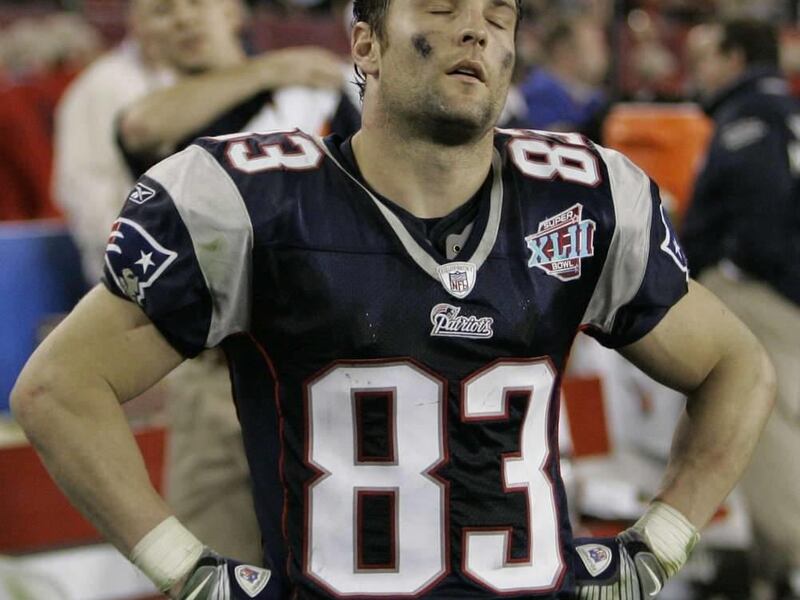 New England Patriots receiver Wes Welker reacts after New York Giants receiver Plaxico Burress scored the game-winning touchdown during the fourth quarter of the Super Bowl XLII football game at University of Phoenix Stadium on Sunday, Feb. 3, 2008 in Gle