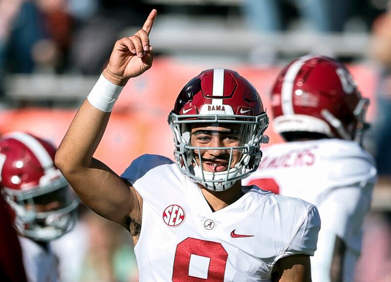 Alabama quarterback Bryce Young (9) during warm ups before the start of an NCAA college football game against Auburn.