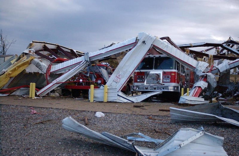 The station for the Cincinnati, Ark., volunteer fire department was destroyed shortly after 6 a.m. Friday, Dec. 31, 2010, when an apparent tornado swept across the rural, unincorporated community that's west of Fayetteville, Ark. Three people died when a
