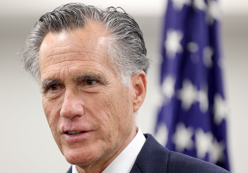Sen. Mitt Romney, R-Utah, appears at the State Department’s Salt Lake City Passport Fair in Salt Lake City on Feb. 16, 2024.