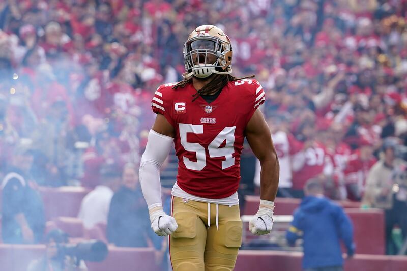 San Francisco 49ers linebacker Fred Warner (54) is introduced before an NFL football game against the Arizona Cardinals in Santa Clara, Calif., Sunday, Jan. 8, 2023.