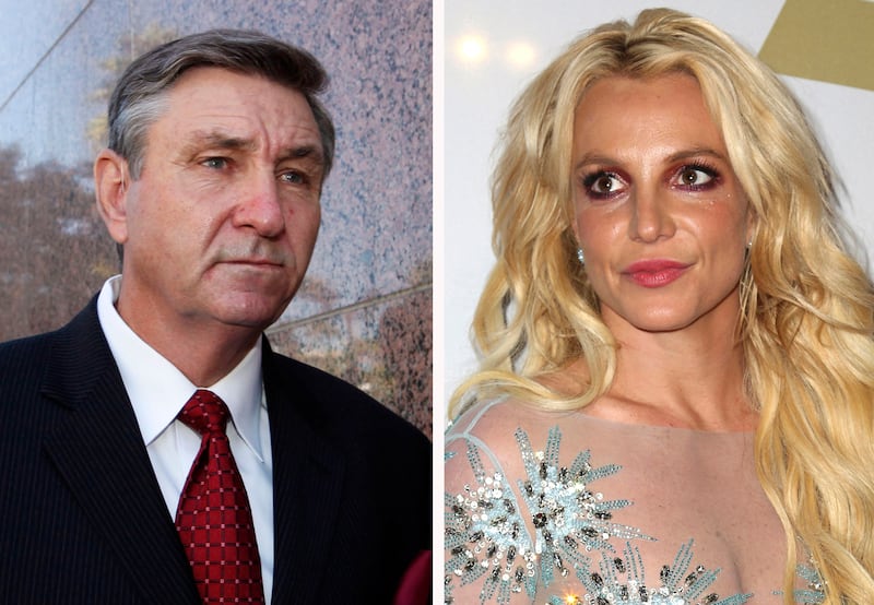 This combination photo shows Jamie Spears, left, father of Britney Spears, as he leaves the Stanley Mosk Courthouse on Oct. 24, 2012, in Los Angeles and Britney Spears at the Clive Davis and The Recording Academy Pre-Grammy Gala on Feb. 11, 2017, in Beverly Hills, Calif..