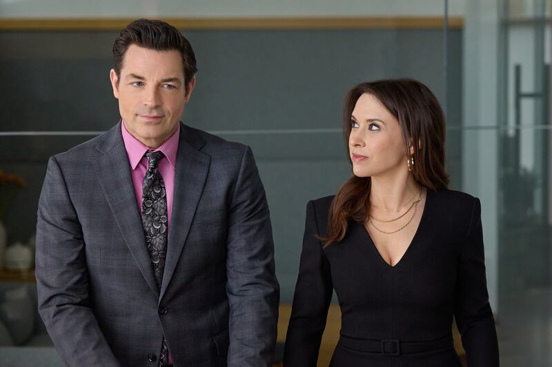 Brennan Elliott and Lacey Chabert in Hallmark's new movie, "His and Hers."