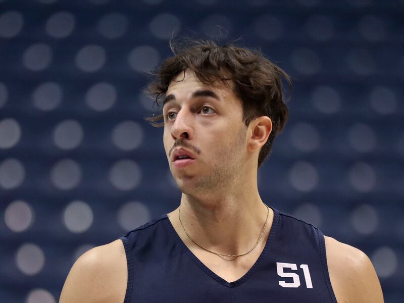 BYU’s Gavin Baxter attends practice at the Marriott Center in Provo.