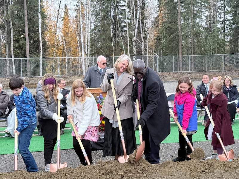 Elder Peter M. Johnson — a General Authority Seventy and first counselor in the Church’s United States West Area presidency, third from right — and his wife, Sister Stephanie Johnson, turn the soil with youth from the area at the groundbreaking of the Fairbanks Alaska Temple on Sept. 27, 2025, in Fairbanks, Alaska.