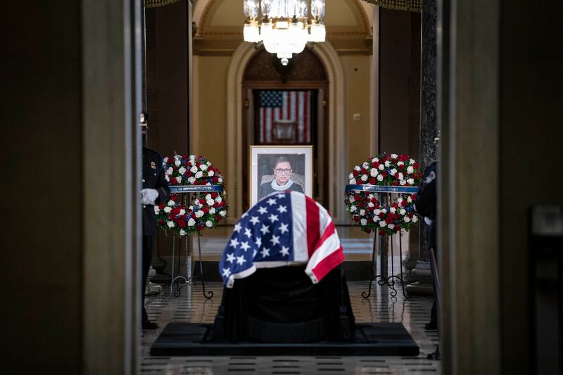 Justice Ruth Bader Ginsburg lies in state in Statuary Hall of the U.S. Capitol in Washington on Friday, Sept. 25, 2020.