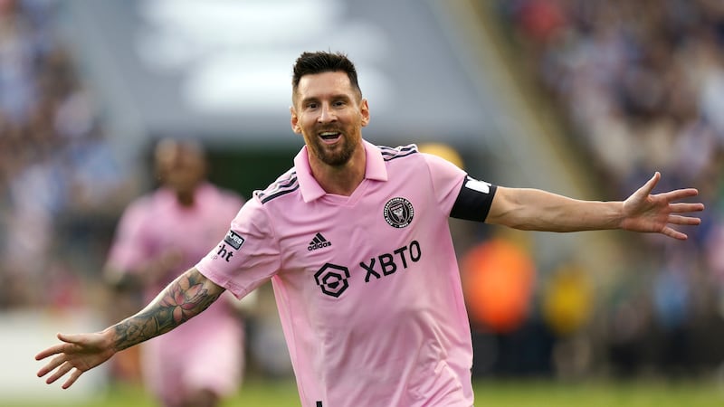 Inter Miami’s Lionel Messi reacts to his goal during the Leagues Cup semifinals soccer match against the Philadelphia Union.