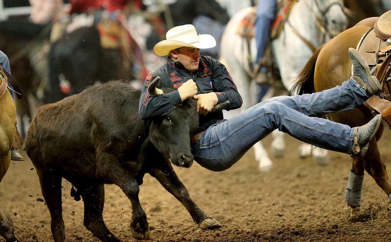 Dakota Eldridge in the steer wrestling during the opening night of the Days of '47 rodeo in the Energy Solutions Arena July 21, 2015, in Salt Lake City.