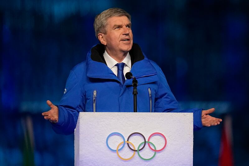 IOC President Thomas Bach speaks during the closing ceremony of the 2022 Winter Olympics in Beijing on Sunday, Feb. 20, 2022.