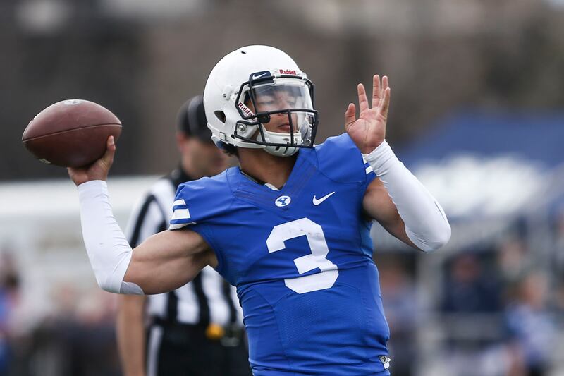 BYU quarterback Jaren Hall (3) throws the ball downfield