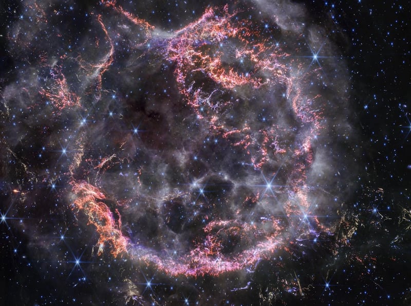 An image of a supernova space “ornament” captured by NASA’s Webb Telescope.