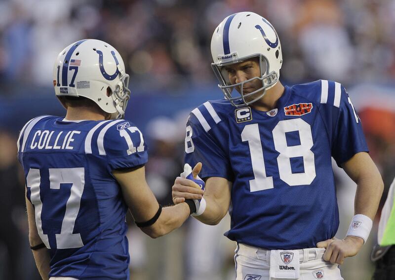Indianapolis Colts quarterback Peyton Manning (18) greets teammate Austin Collie (17) before the NFL Super Bowl XLIV football game against the New Orleans Saints in Miami, Sunday, Feb. 7, 2010. (AP Photo/Mike Groll)