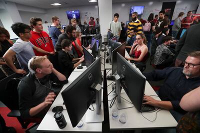 People play new video games during the Entertainment Arts and Engineering Program (EAE) Launch event at the Master Games Studio on the University of Utah campus in Salt Lake City on Wednesday, April 24, 2019. At the event students from the nationally-rank