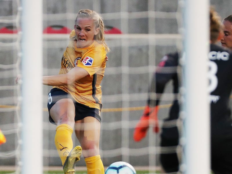 Utah Royals FC forward Amy Rodriguez (8) takes a shot in Sandy on Saturday, June 15, 2019.