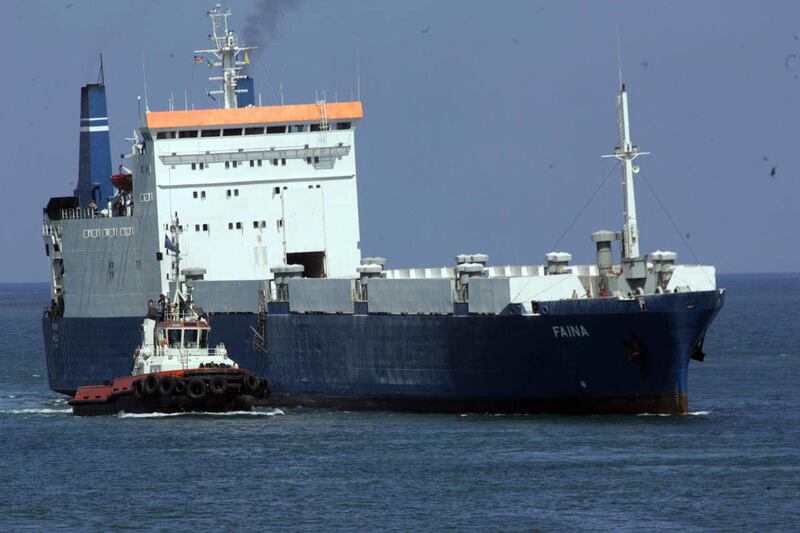 FILE - This is a Thursday, Feb. 12, 2009, file photo of the the arms-laden Ukrainian ship MV Faina as it arrives in the Kenyan port of Mombasa, after an airdropped ransom of millions was paid. The U.S. considered taking military action against the Ukra