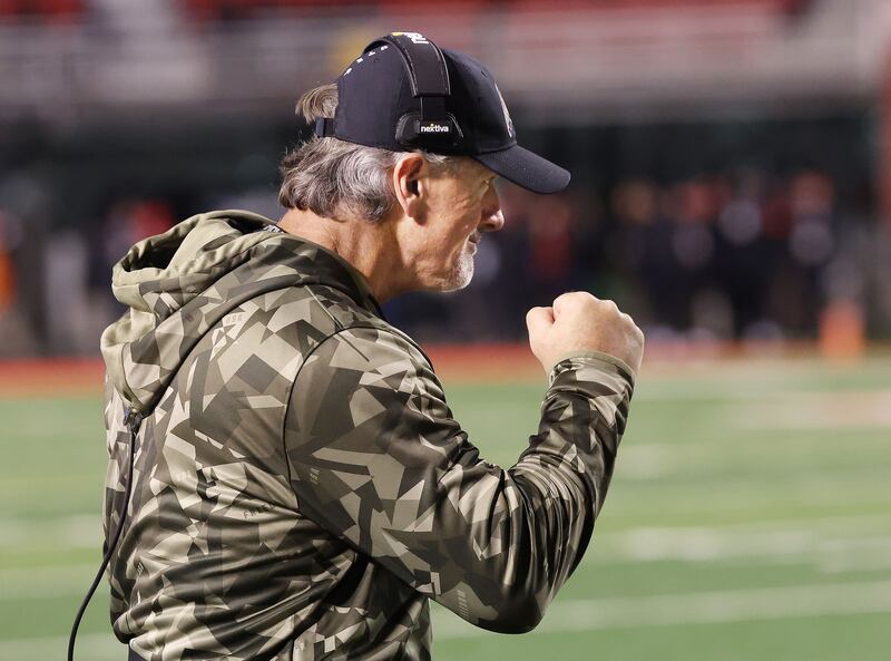 Utah head coach Kyle Whittingham celebrates Utes victory over Stanford in Salt Lake City on Saturday, Nov. 12, 2022.