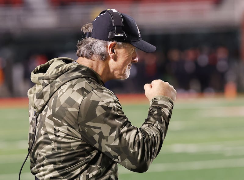 Utah head coach Kyle Whittingham celebrates Utes victory over Stanford in Salt Lake City on Saturday, Nov. 12, 2022.
