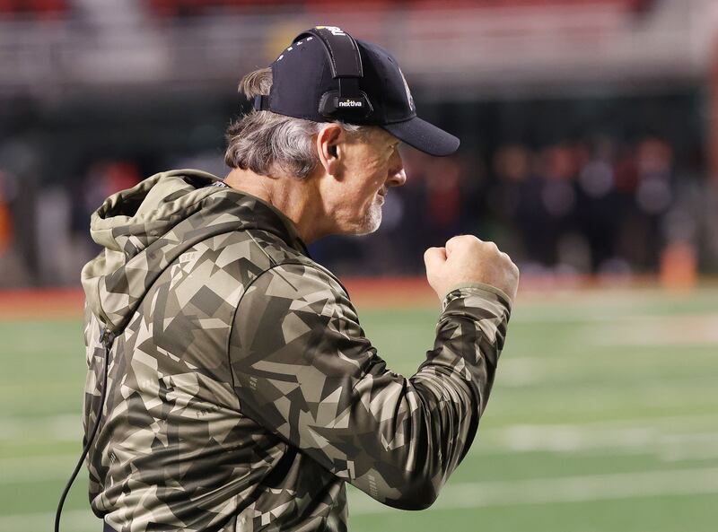Utah head coach Kyle Whittingham celebrates Utes victory over Stanford in Salt Lake City on Saturday, Nov. 12, 2022.