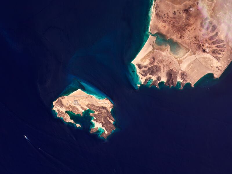 Yemen’s Mayun Island in the Bab el-Mandeb Strait and mainland Yemen are seen in a satellite photo.