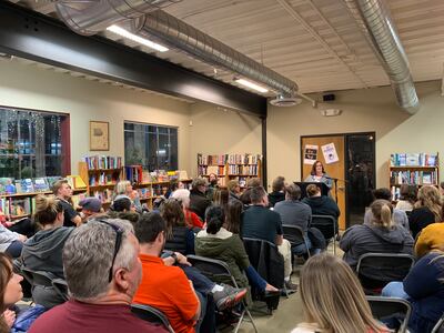 Rhonda Stapley, author of "I Survived Ted Bundy: The Attack, Escape & PTSD That Changed My Life," speaks to more than 80 attendees of her book signing at Weller Book Works on Saturday, Feb. 16, 2019.