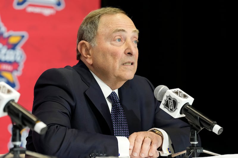 NHL Commissioner Gary Bettman speaks during a news conference in Toronto, Friday, Feb. 2, 2024.