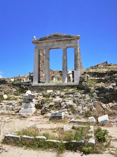 The ruins of the Temple of Serapis at Delos, a Greek island and archaeological site.