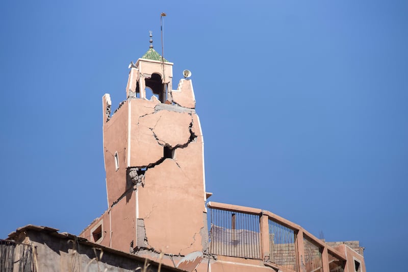 A cracked mosque minaret stands after an earthquake in Moulay Brahim village, near Marrakech, Morocco, Sept. 9, 2023.