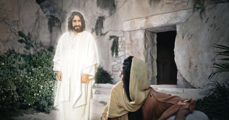 Jesus Christ speaks to Mary Magdalene outside the Garden Tomb.