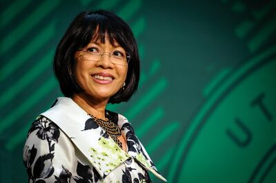 FILE - Astrid S. Tuminez smiles to the crowd at the public meeting of the Board of Trustees where she is introduced as the seventh President of Utah Valley University in Orem on Friday, April 20, 2018.