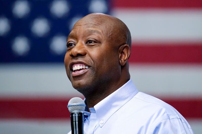 Republican presidential candidate Sen. Tim Scott speaks during a town hall in Manchester, N.H.