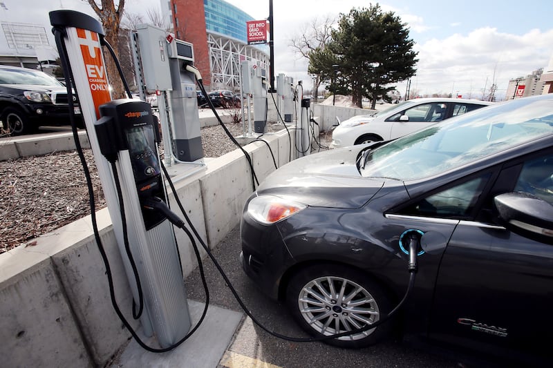 Electric cars charge at the University of Utah in Salt Lake City.
