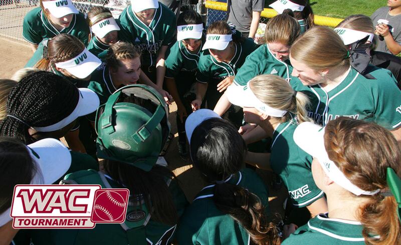 The Utah Valley University softball team huddles up prior to a game against Binghamton at the Mary Nutter Classic in February. UVU will compete at the 2016 WAC Tournament on May 12-14, at Seattle University's Logan Field.
